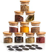 Set di contenitori in vetro trasparente ad alta densità - 10 pezzi da 70ml - contenitori di conservazione con coperchi in bambù - etichette per lavagna.