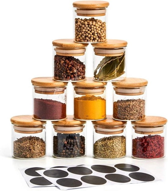 Set di contenitori in vetro trasparente ad alta densità - 10 pezzi da 70ml - contenitori di conservazione con coperchi in bambù - etichette per lavagna.