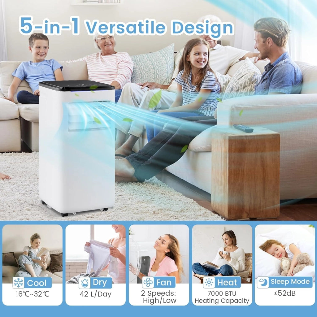 Condizionatore Portatile con Evacuazione 7000 BTU, Climatizzatore Portatile 4 in 1 Ventilatore & Deumidificatore & Raffreddatore & Riscaldamento, Timer 24H, 3 Modalità di Controllo Intelligente
