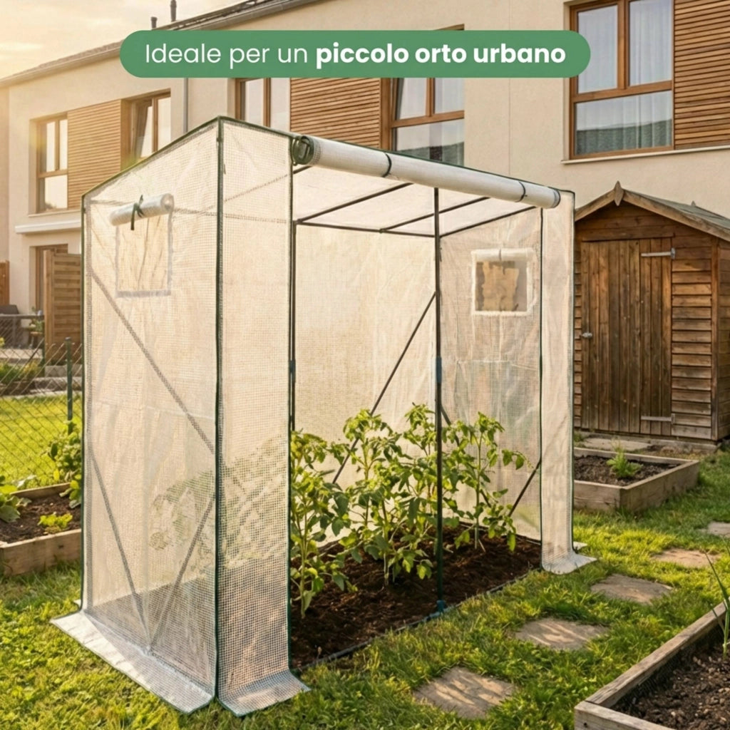 Serra da giardino a casetta con struttura in metallo e telo in PE 1 porta 2 finestre Bianco 202x80x170 cm