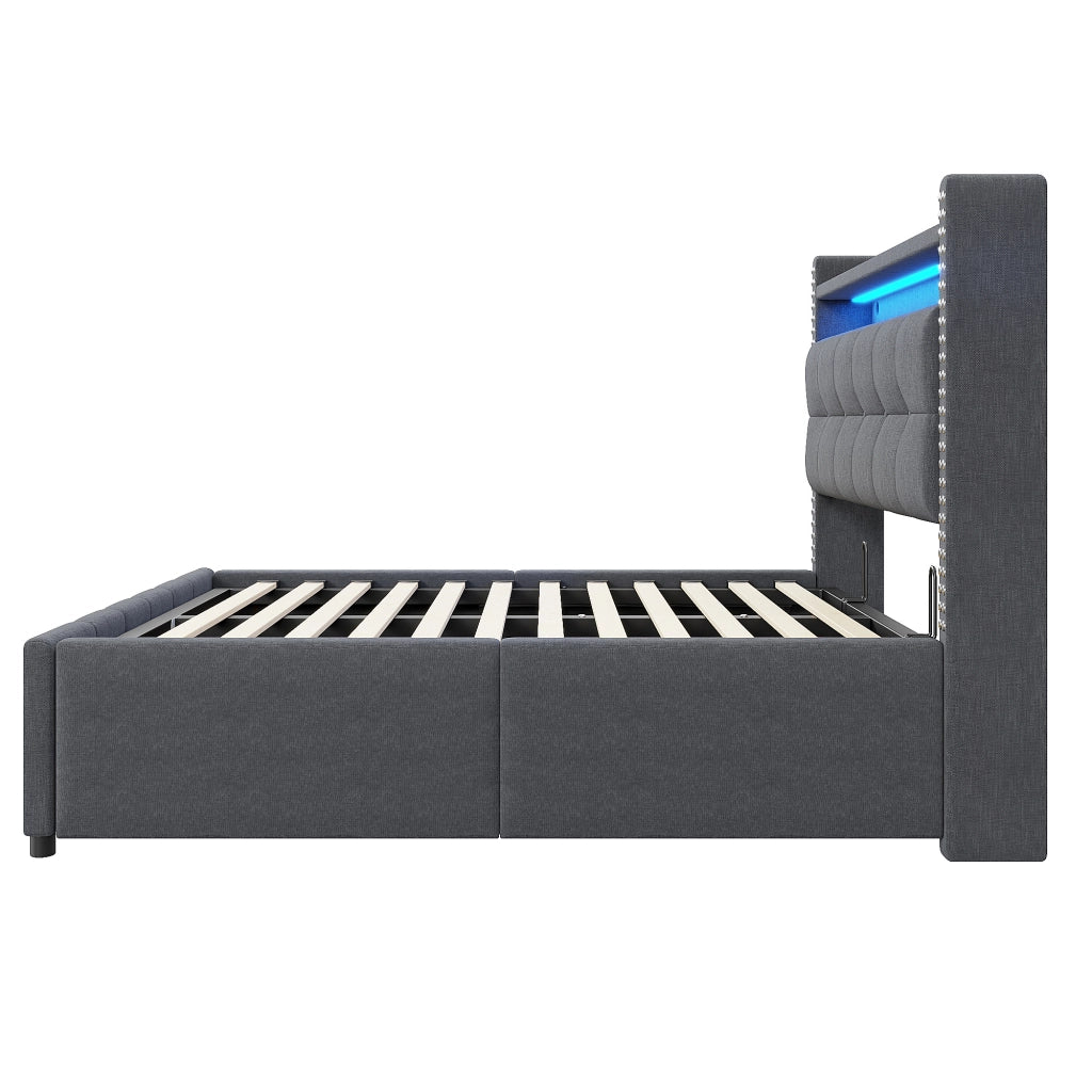 LETTO imbottito 160x200 cm grigio con LED, USB e contenitore