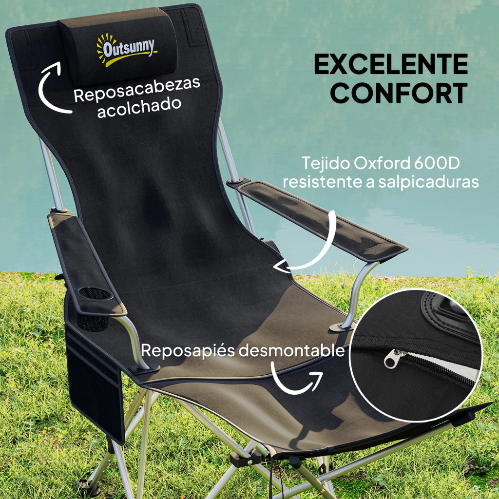 Sedia Pieghevole da Camping con Poggiapiedi e Portabicchieri ¨C zephmum ¨C 2 Pezzi, Nero, 125x48x90 cm
