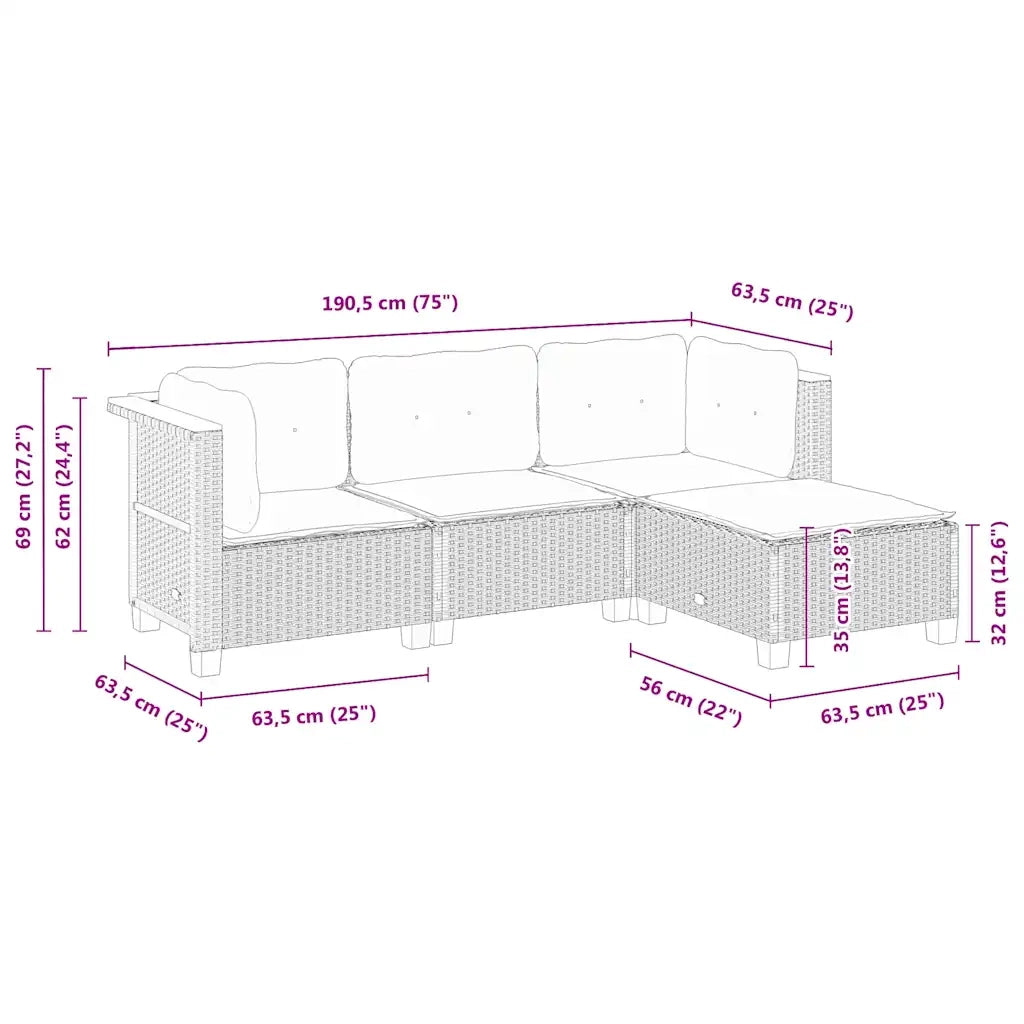 Set Divani da Giardino 4 pz | Set Salotto da Giardino con Cuscini Nero in Polyrattan