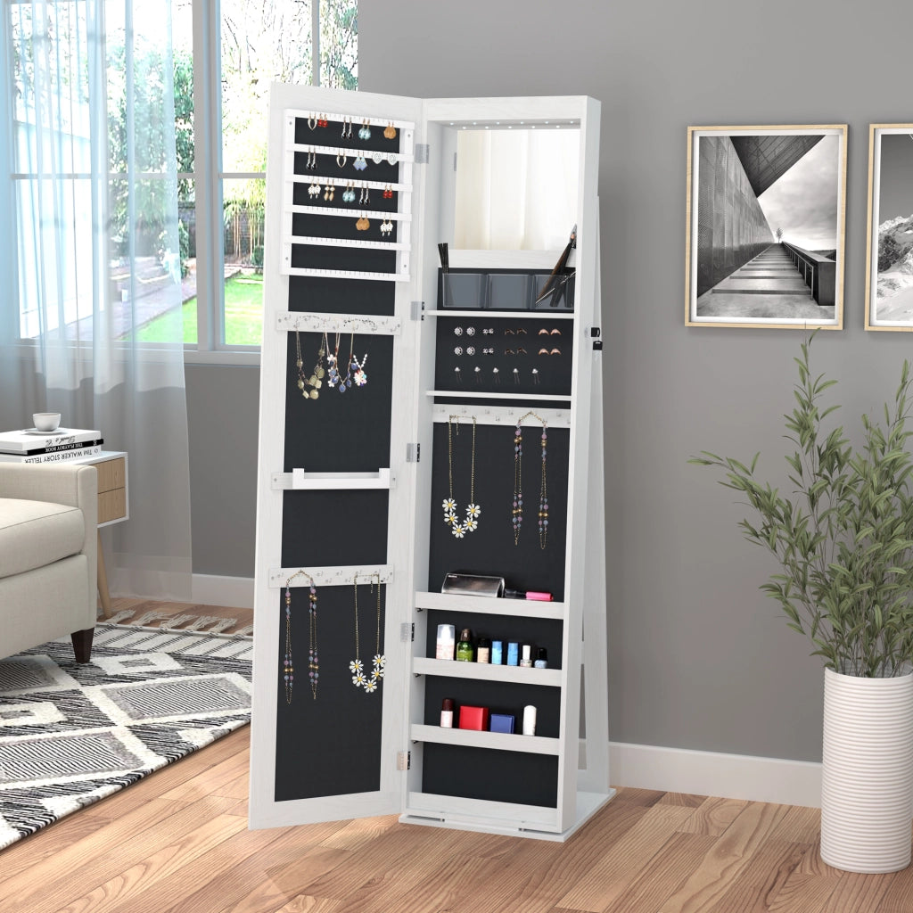 Specchio Portagioie da Terra a LED 15x15x61,75 cm con 4 Scaffali Struttura in Legno Bianco