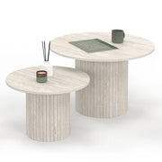 IDMarket - Set di 2 tavolini tondi JULIETTE 50/70 con effetto doghe in travertino