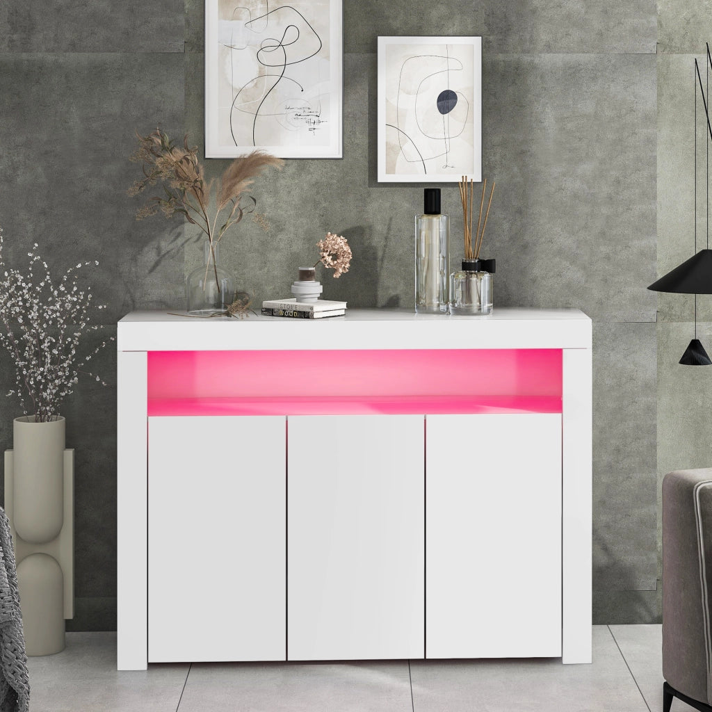 Credenza Bianca Lucida con LED Mobile Buffet 3 Ante 130x35x95 cm