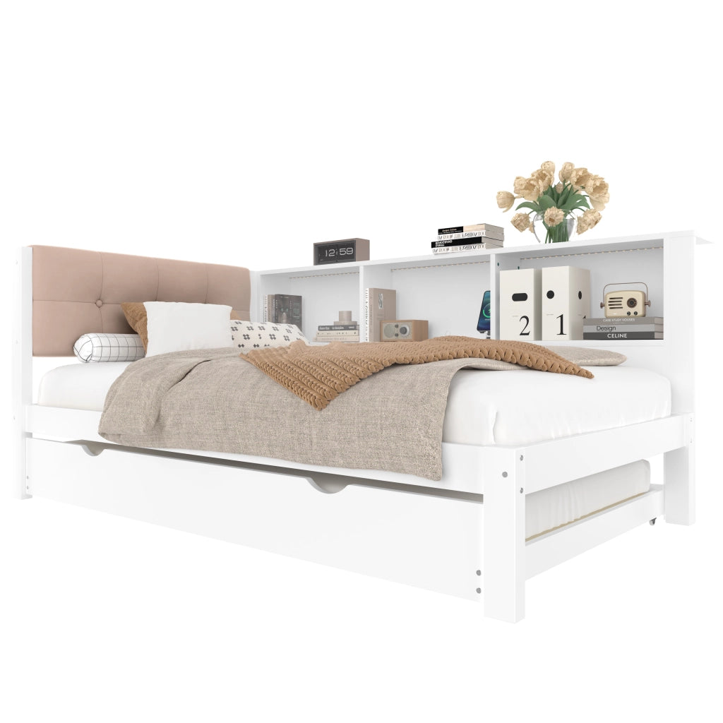 OKWISH Letto a Scomparsa 90×200 cm, Letto Singolo con Letto Estraibile, LED Regolabile, Ripiani e USB, senza Materasso, Legno, Bianco