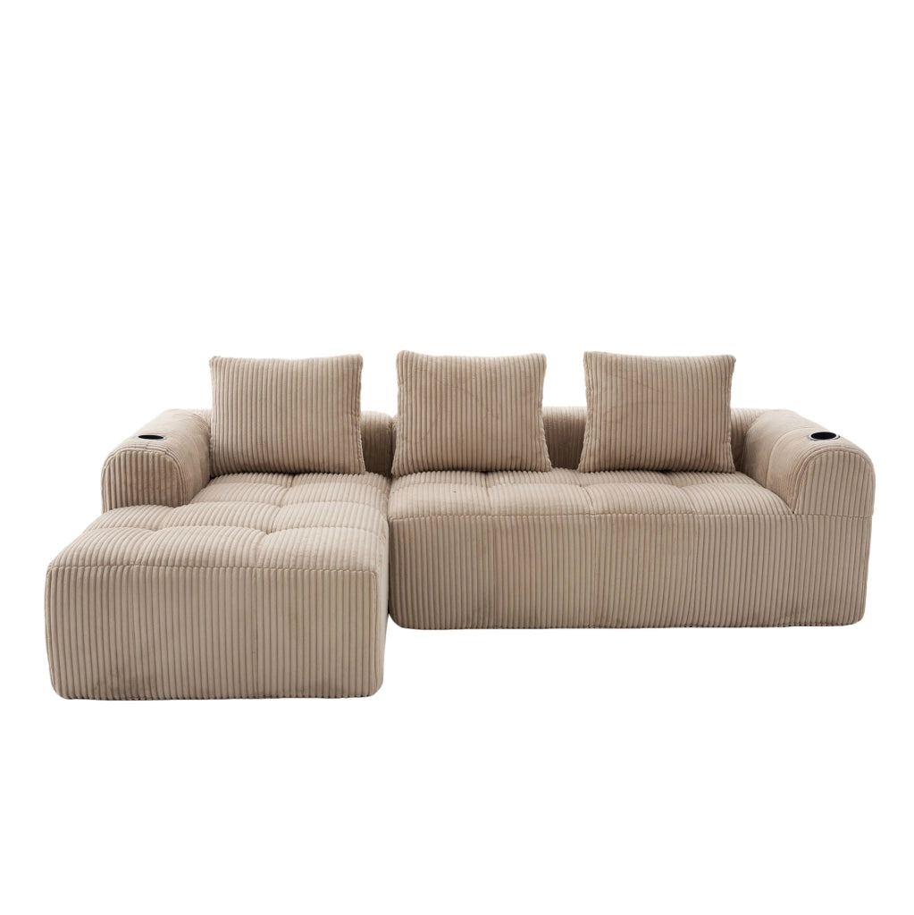 Divano modulare 253x158x61 cm con sistema combinabile DIY; tasche laterali e portabicchieri in corduroy khaki