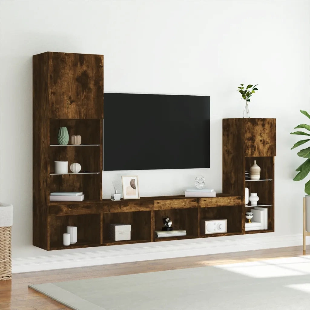 Mobili TV a Muro con LED 4pz Rovere Fumo in Legno Multistrato 3216651