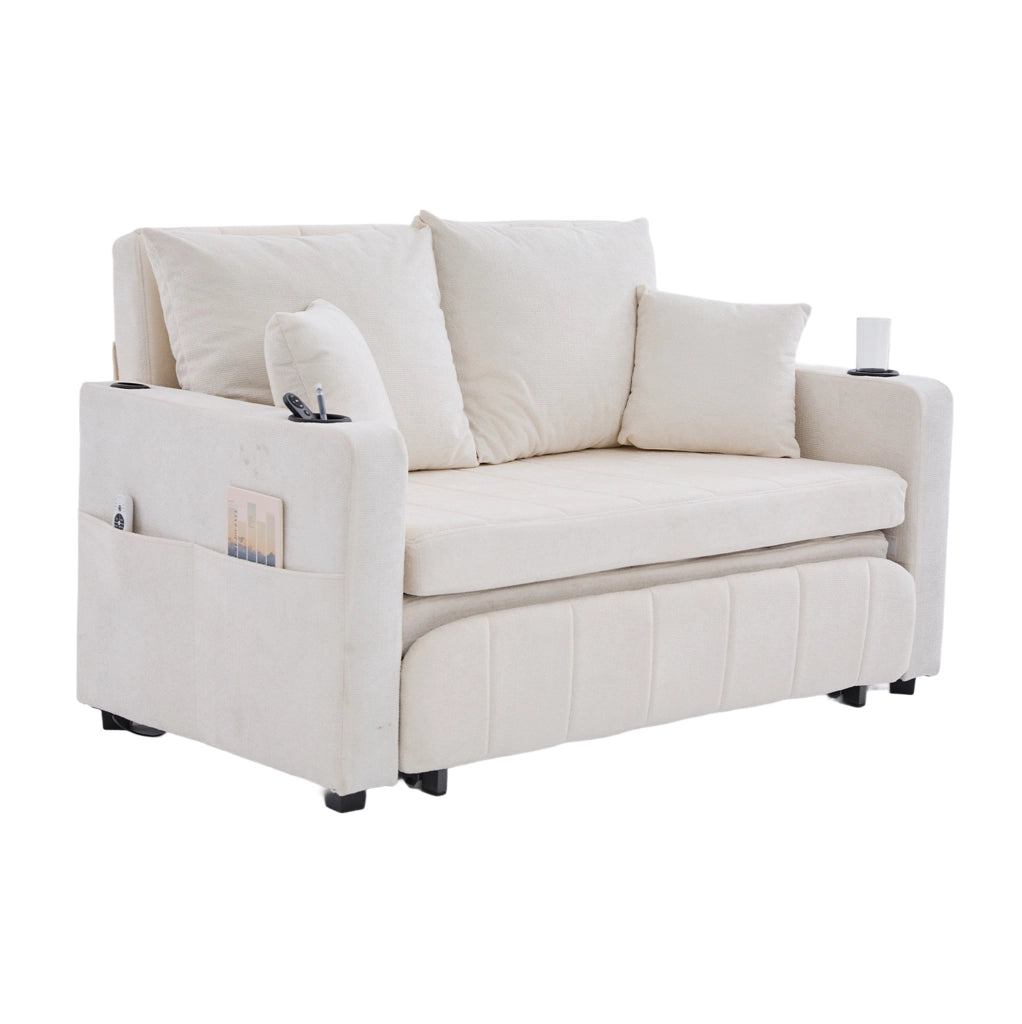 Divano letto multifunzione in ciniglia beige; convertibile; 139x83x58 cm