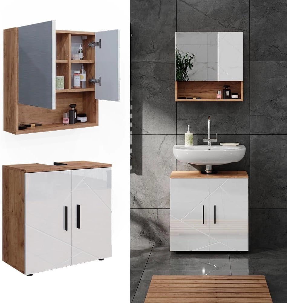 Set di mobili da bagno Irma, Bianco lucido/oro power oak, 80 cm, composto da specchio da bagno e mobile sottolavabo