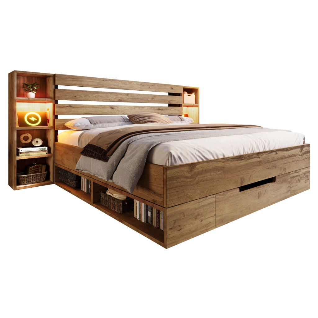 Letto matrimoniale 160x200 in legno e metallo con testiera con LED, porte USB Type-C, contenitore e materasso incluso