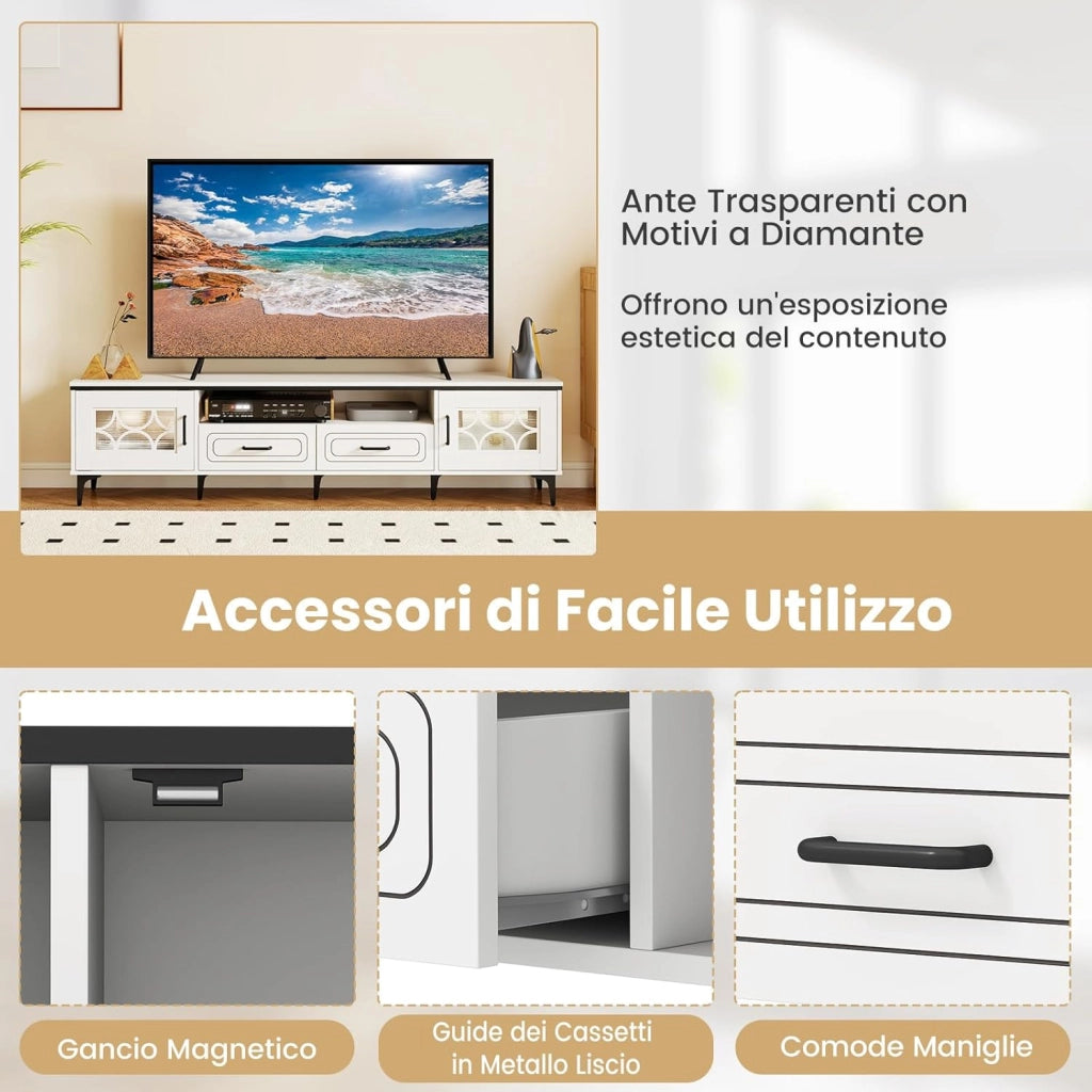 Mobile TV in Legno per Televisori Fino a 80", Mobile Porta TV 180 cm con 2 Cassetti, 2 Armadi e Scomparto, 7 Gambe Metalliche Rialzate, Consolle Media per Soggiorno (Bianco)
