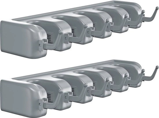 Sostegno per Asse da Parete 2 Pezzi, Sostegno per Asse con 5 Fissaggi Rapide e 6 Ganci, Supporto per Attrezzi per Giardino, Cucina, Bagno, Garage, Grigio