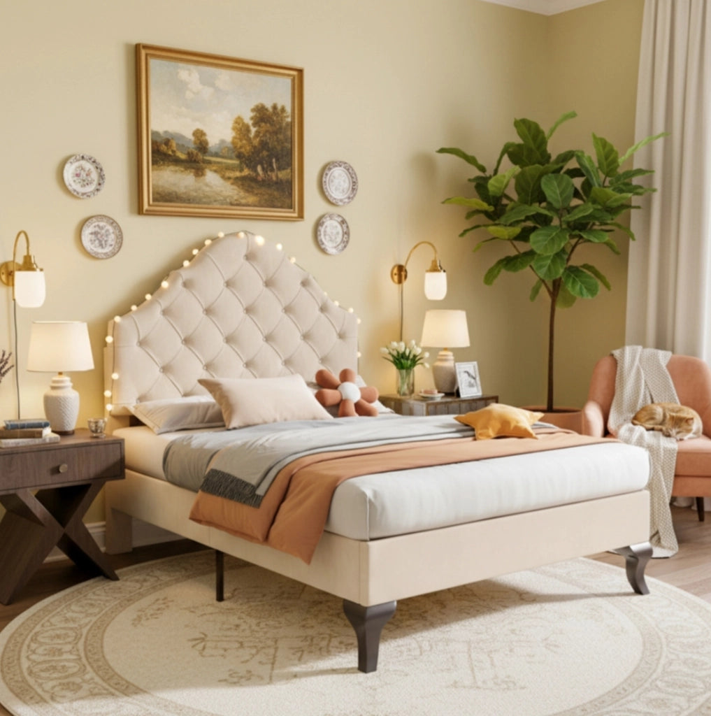 Letto imbottito 90x200 cm con rete a doghe e testiera regolabile in velluto beige