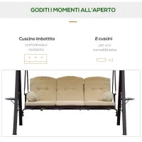 Dondolo da Giardino 3 Posti in Metallo, Dondolo da Esterno con Tetto Inclinabile e Cuscini Imbottiti, 208x121x172 cm, Beige