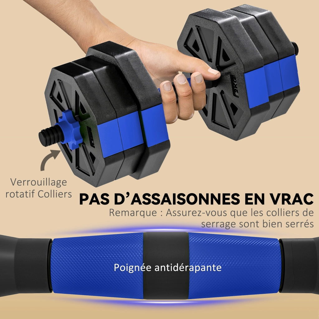 Set di manubri regolabile 6 in 1 20 kg con kettlebell, bilanciere e supporto per push up ¨C zephmum ¨C blu