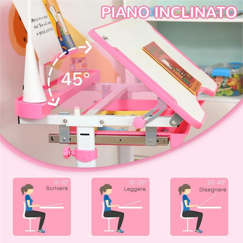BANCO SCUOLA CON SEDIA BAMBINI 6-12 ANNI ALTEZZA E INCLINAZIONE REGOLABILE ROSA