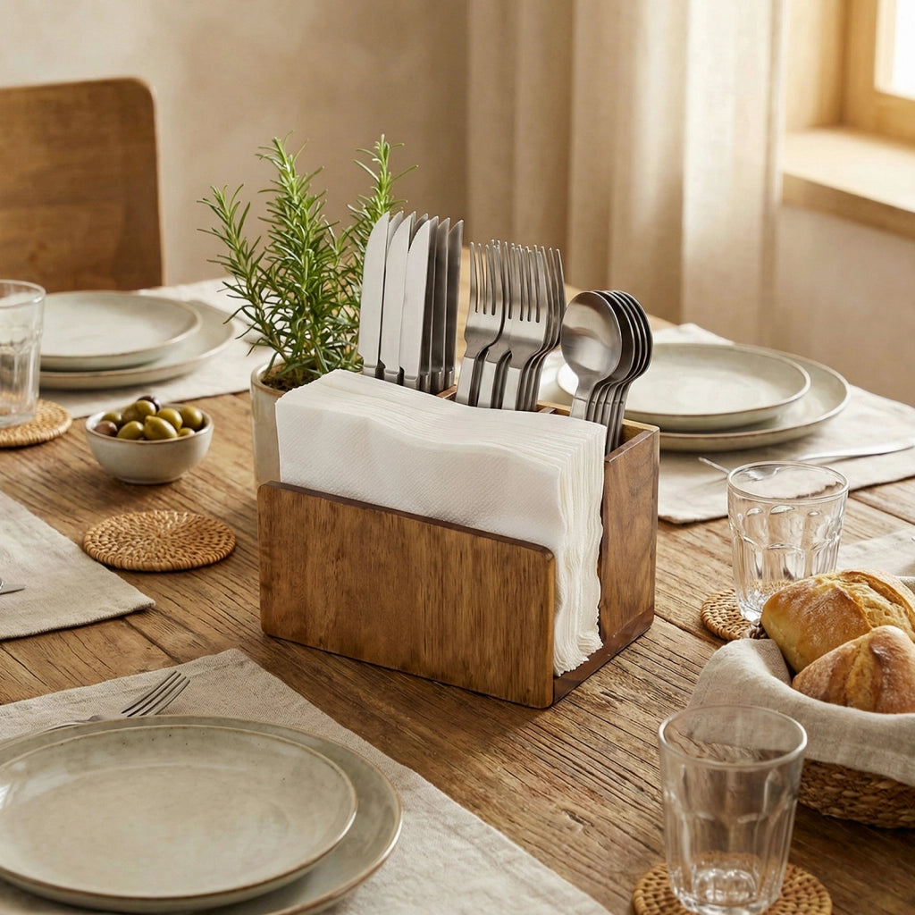 Organizer Posate con Porta-tovaglioli Bambù Naturale 4 Scomparti per Cucina Marrone Cheffinger