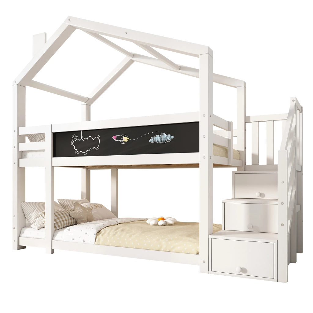 OKWISH Letto a Castello a Casetta 90×200 cm, Letto Singolo con Contenitore, Cassetti e Lavagna, con Barriera, senza Materasso, Bianco