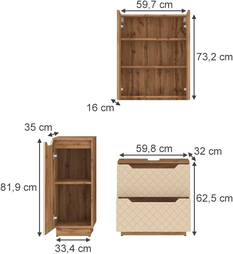 Set di mobili da bagno Lotta, Rovere/cashmere con struttura in piastrelle, 3 parti