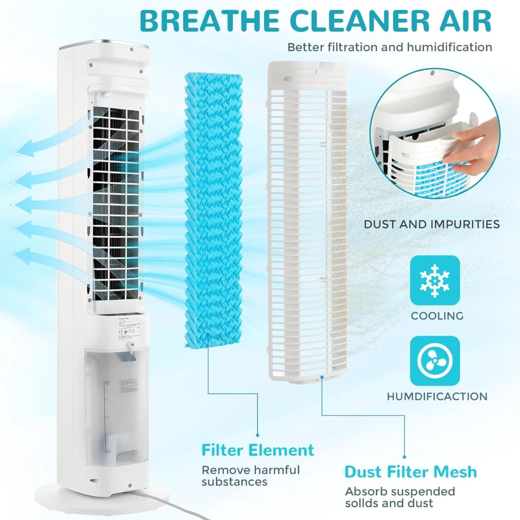Ventilatore a torre, telecomando, climatizzatore a 3 livelli con raffreddamento ad acqua, oscillazione a 46°, timer 12 ore e modalità sleep, per ufficio/casa, silenzioso, 4 modalità di