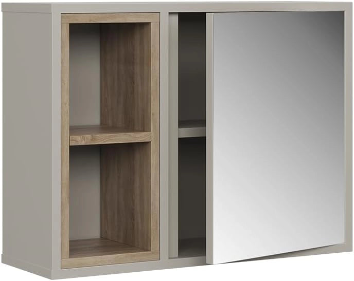 Mobiletto a specchio Elnor, Grigio, con 2 scomparti aperti e 1 anta, per la conservazione di tessili da bagno e combinabile con Elnor