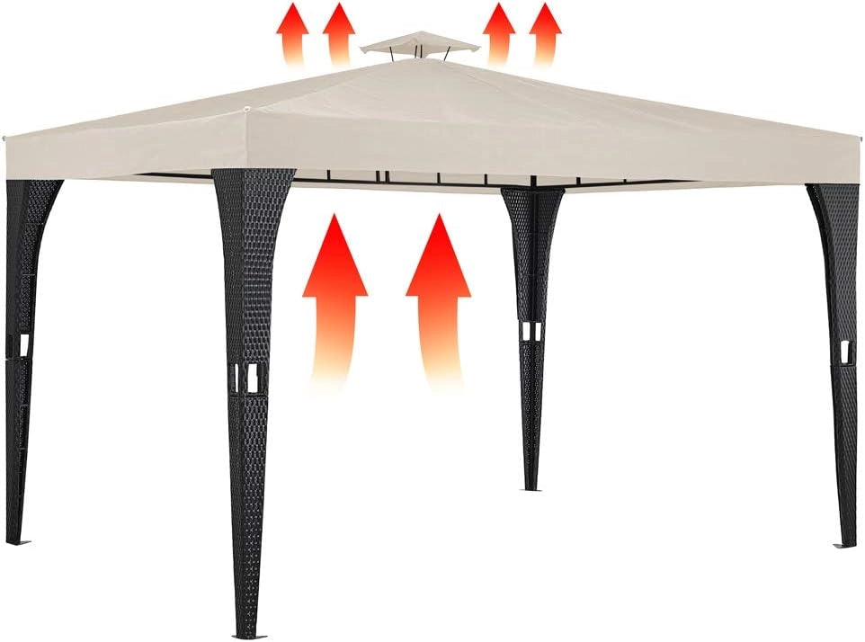 Gazebo da Giardino 3x3m Polyrattan Idrorepellente Padiglione Tendone Festa Protezione UV Crema