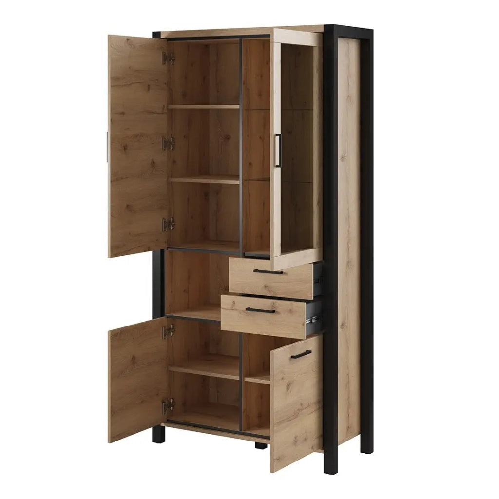 Vetrina alta XL collezione TIVORA. Colore quercia e nero. LED inclusi.