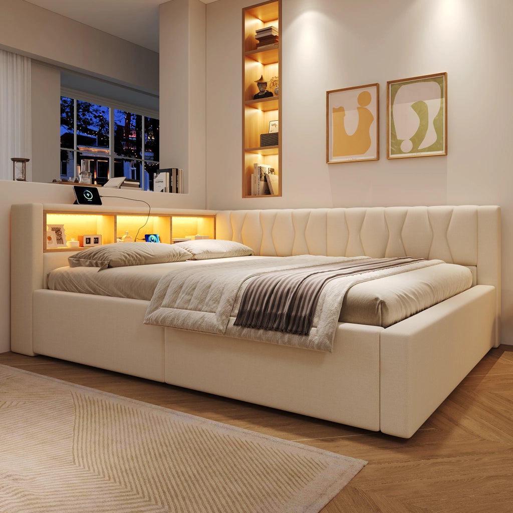 Letto contenitore 140x200 cm con sollevamento idraulico; LED dimmerabile; testiera con ripiano e USB; beige