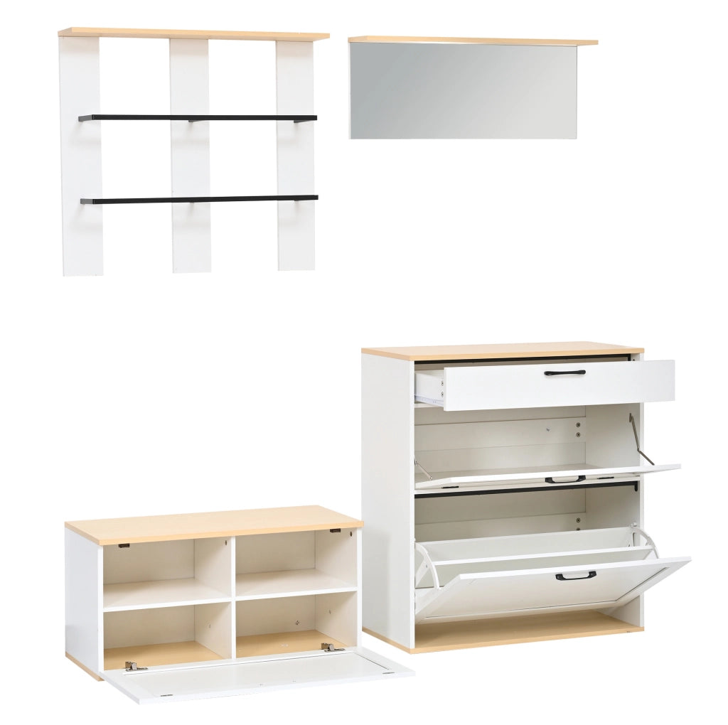 Mobile ingresso modulare 156x36x176 cm con scarpiera; specchio e appendiabiti; bianco e legno