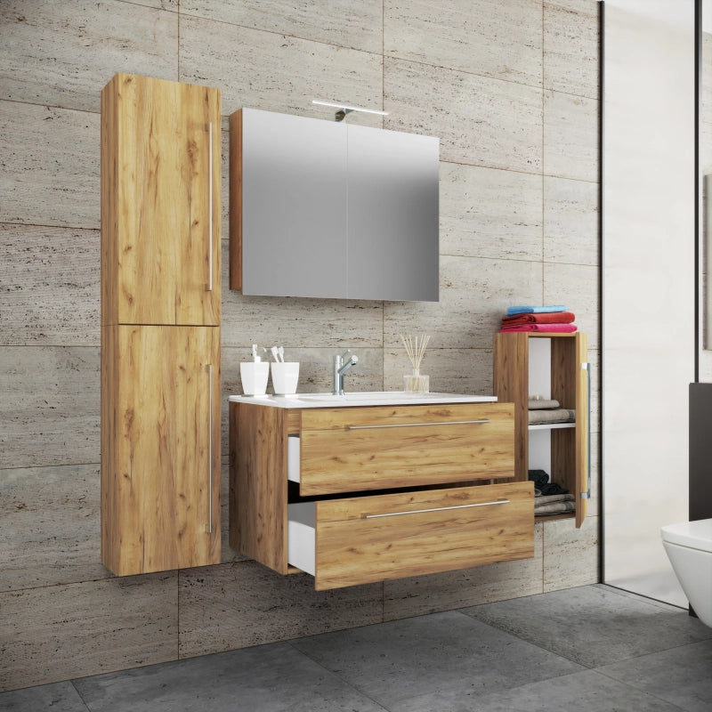 Completo Set5 pz Mobile sosp 2 casetti con Lavabo XL in ceramica incl 1 Colonna 1 mobile sosp e mobile specchio, Rovere