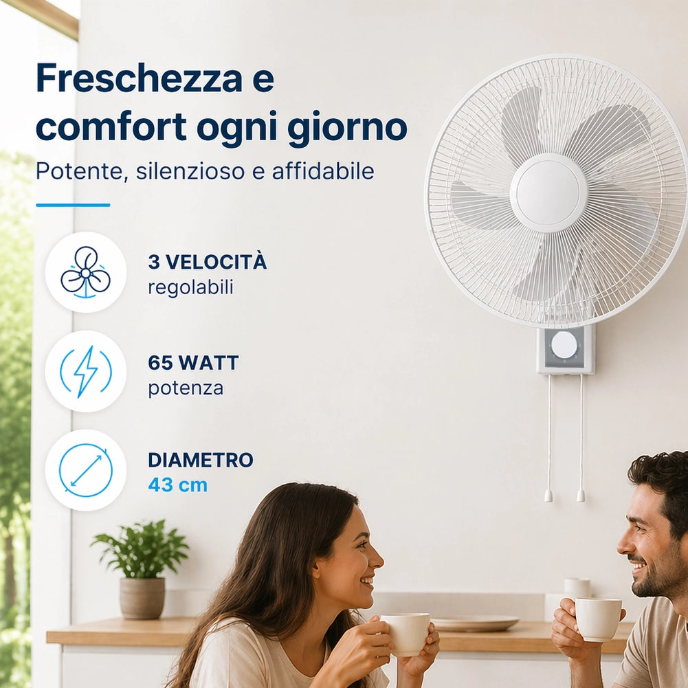 Ventilatore da Muro 43cm Bianco Raffrescatore Silenzioso 3 Velocità a Parete