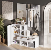 Garderoba da ingresso con specchio; 2 cassetti; 4 ganci e scarpiera 120x35x175;5 cm; bianco