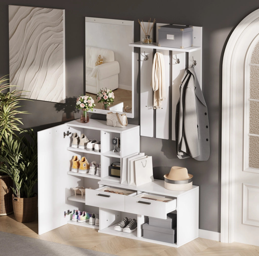 Garderoba da ingresso con specchio; 2 cassetti; 4 ganci e scarpiera 120x35x175;5 cm; bianco