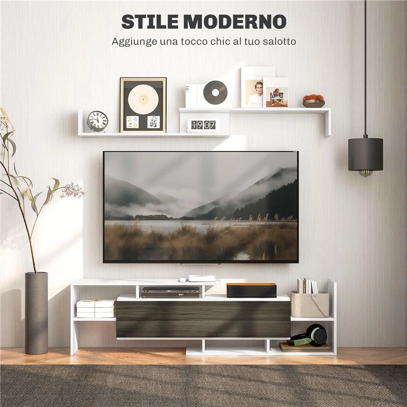 MOBILE TV CON MENSOLA A MURO RIPIANI APERTI E ARMADIETTO IN LEGNO BIANCO E NERO
