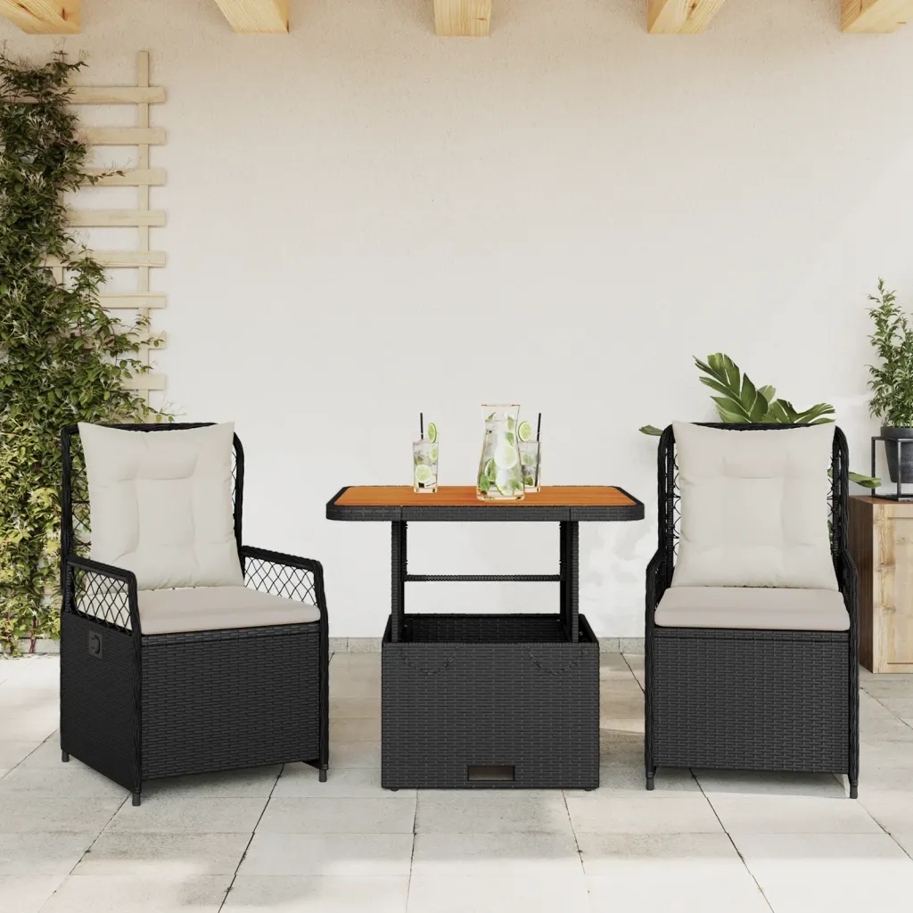 Set da Pranzo da Giardino 3 pz con Cuscini Nero in Polyrattan 3262910