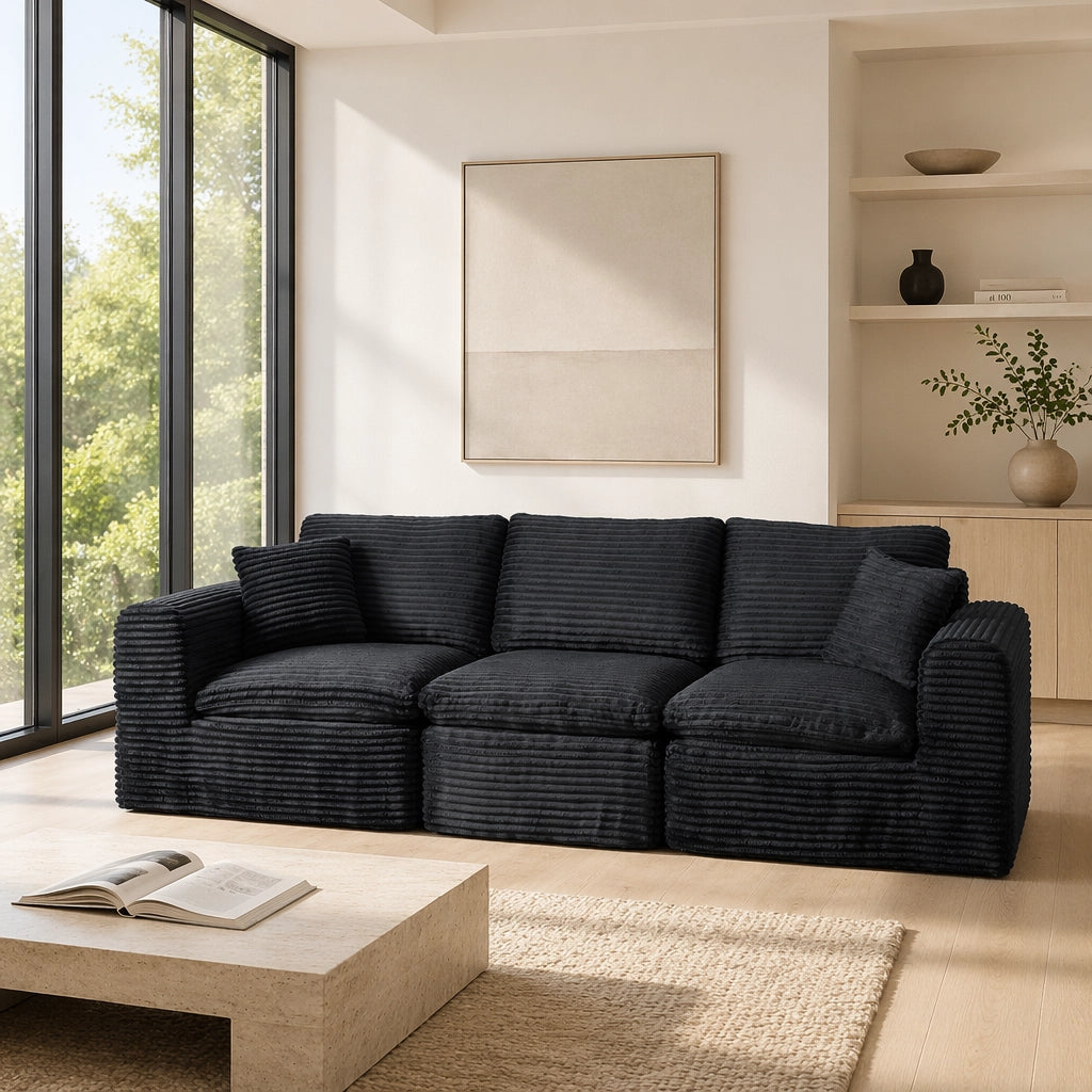 Divano modulare 3 posti con funzione letto e chaise longue in velluto a coste nero e blu 280×180×65 cm