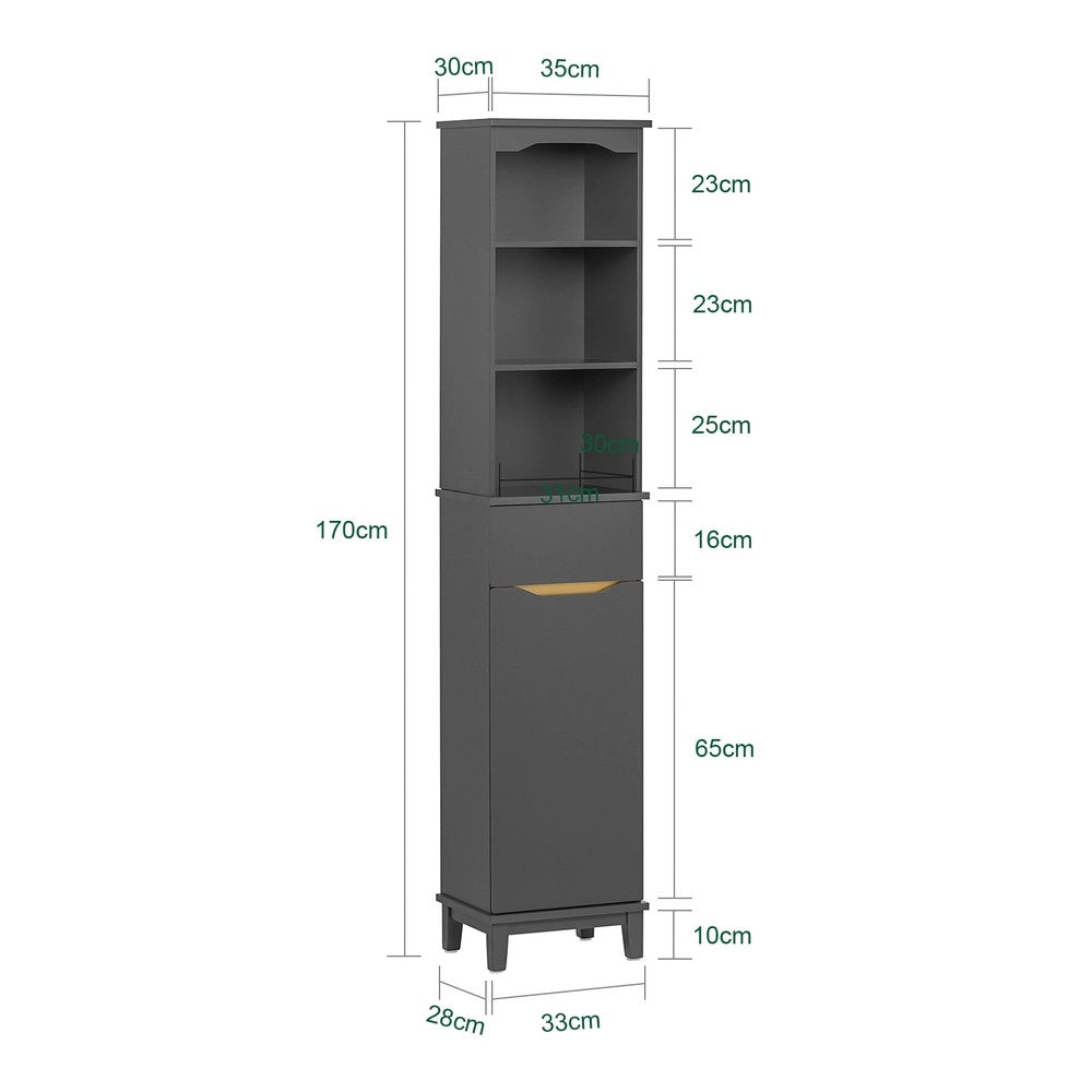 SoBuy Mobile Bagno Salvaspazio Colonna Alta con 3 Ripiani Aperti e Anta con Cassetto Mobiletto Bagno Stretto per Piccoli Spazi Armadietto Salvaspazio per Lavanderia e WC 35 x 30 x 170 cm BZR112-DG