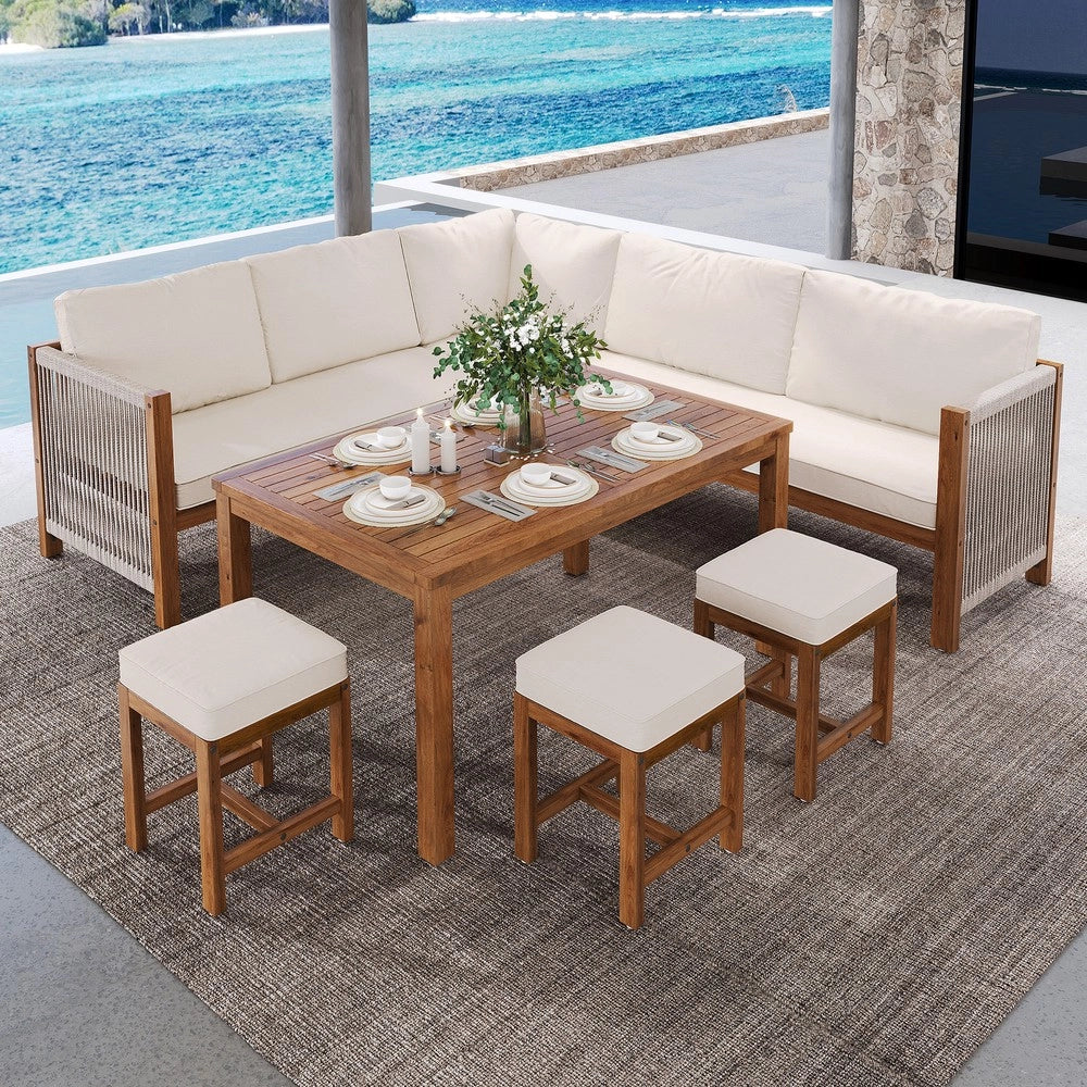 Set da giardino con divano angolare - Zephmum- Per 7-8 persone, tavolo e sedie in polirattano, cuscini, colore beige+naturale