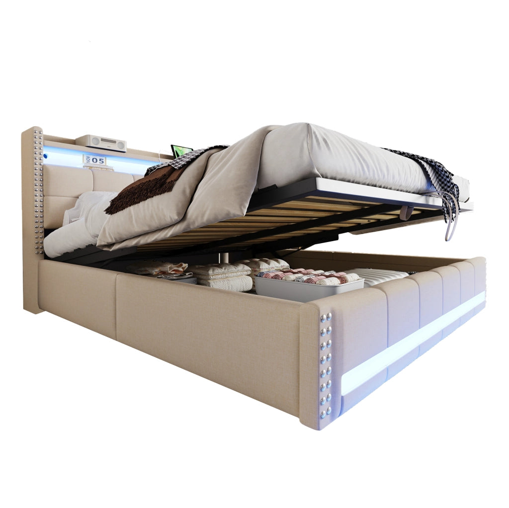 Letto matrimoniale imbottito 180x200 cm in tessuto effetto lino beige con LED; USB e contenitore