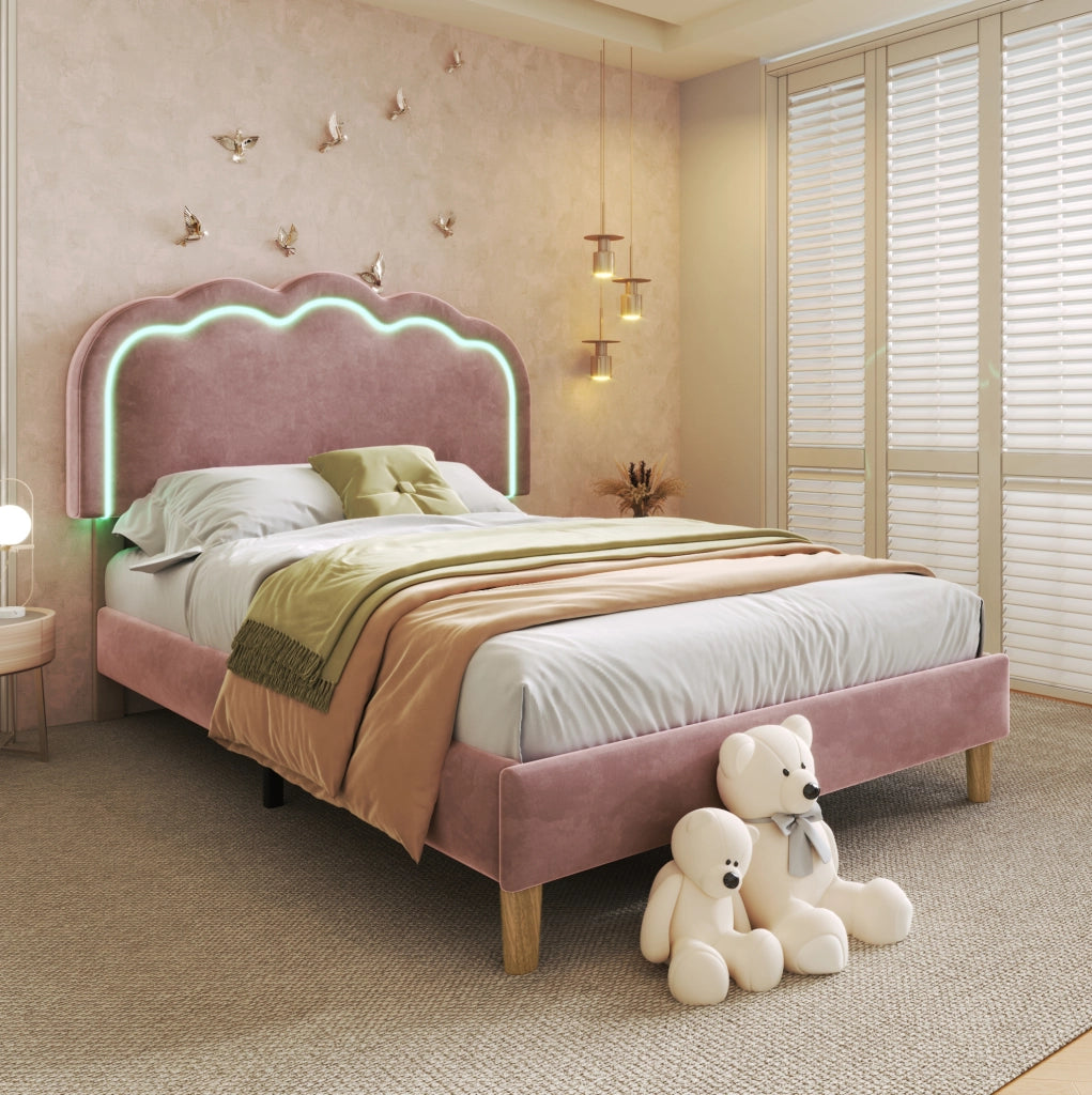 Letto singolo 90x190 cm; testiera LED regolabile; velluto rosa (Senza materasso)