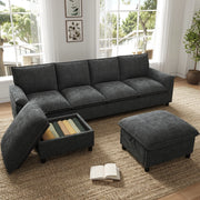 DIVANO modulare a U 264,5x142,5x84 cm in ciniglia nera con 2 pouf