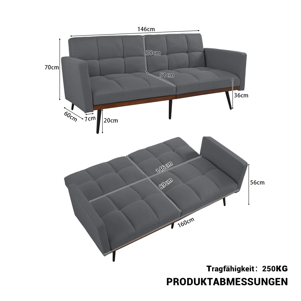 Divano Futon 3 Posti ¨C MINIMAL ¨C Grigio, Tessuto Lino, Schienale Regolabile, Gambe in Metallo, 146 cm