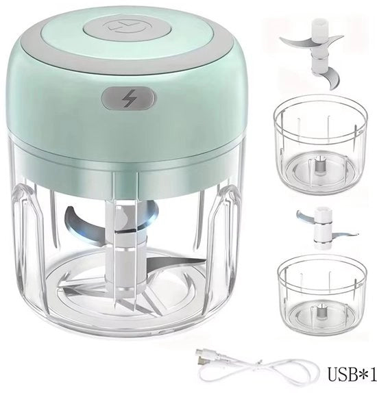 Mini-hakker elettrico per alimenti, adatto per tagliare aglio, pure di frutta, cipolla e zenzero (250 ml + 100 ml, 2 tazze, verde).