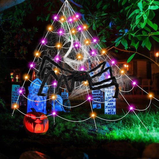 Decorazione per Halloween Spinnenweb XL con Luce - Ragnatela con Ragnaccio - Decorazione Indoor/Outdoor Impressionante - 5m x 4,8m - Funzione Spaventosa per Halloween
