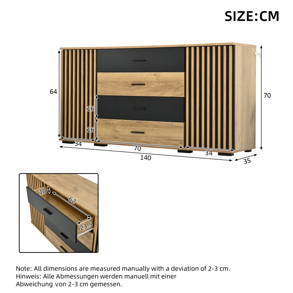 Sideboard 140×35×70 cm in MDF con 4 cassetti e 2 ante, mobile contenitore in effetto rovere nero