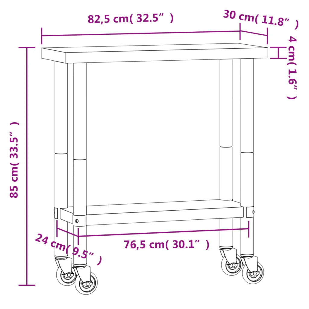 Tavolo da lavoro professionale da cucina con ruote 82,5 x 30 x 85 cm acciaio inox 02_0045416