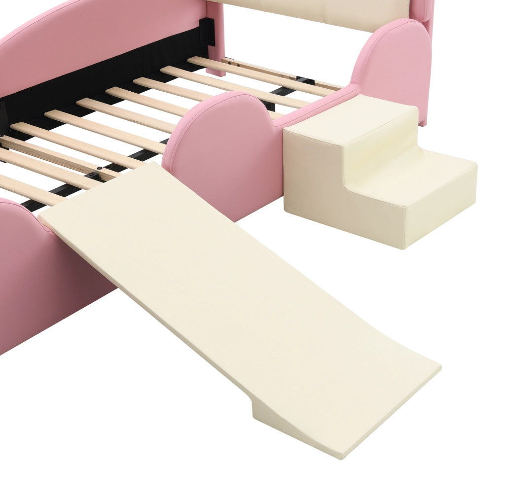 Letto imbottito per bambini ULEVR 90x200 cm con LED multicolore, scivolo e scaletta, PU rosa e beige