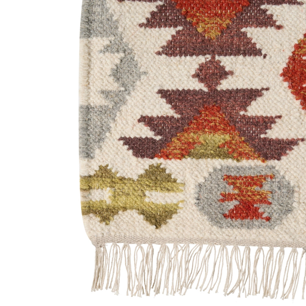 Tappeto Kilim multicolore in lana e cotone 160 x 230 cm Fatto a mano con motivo patchwork Boho e frange.